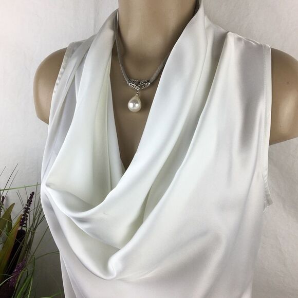 Boston Proper White Marilyn Charmeuse Sleeveless Drape Neck Blouse Top L - Picture 4 of 8